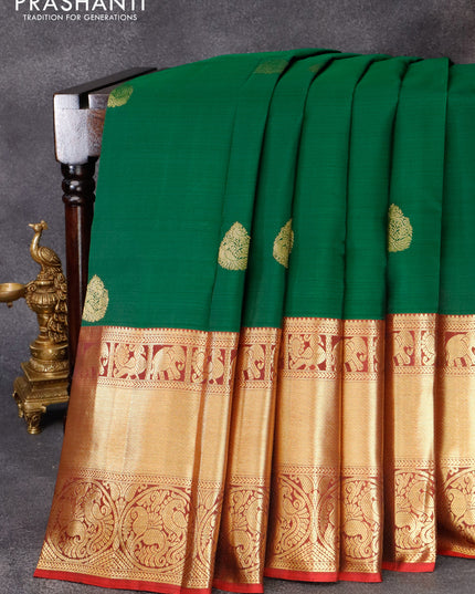 Pure kanjivaram silk saree green and maroon with zari woven buttas and long zari woven border & butta style