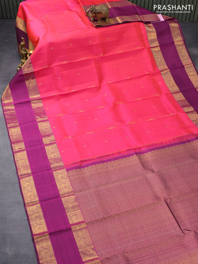 Pure kanjivaram silk saree dual shade of pinkish orange and magenta pink with zari woven floral buttas and rettapet zari woven border & butta style