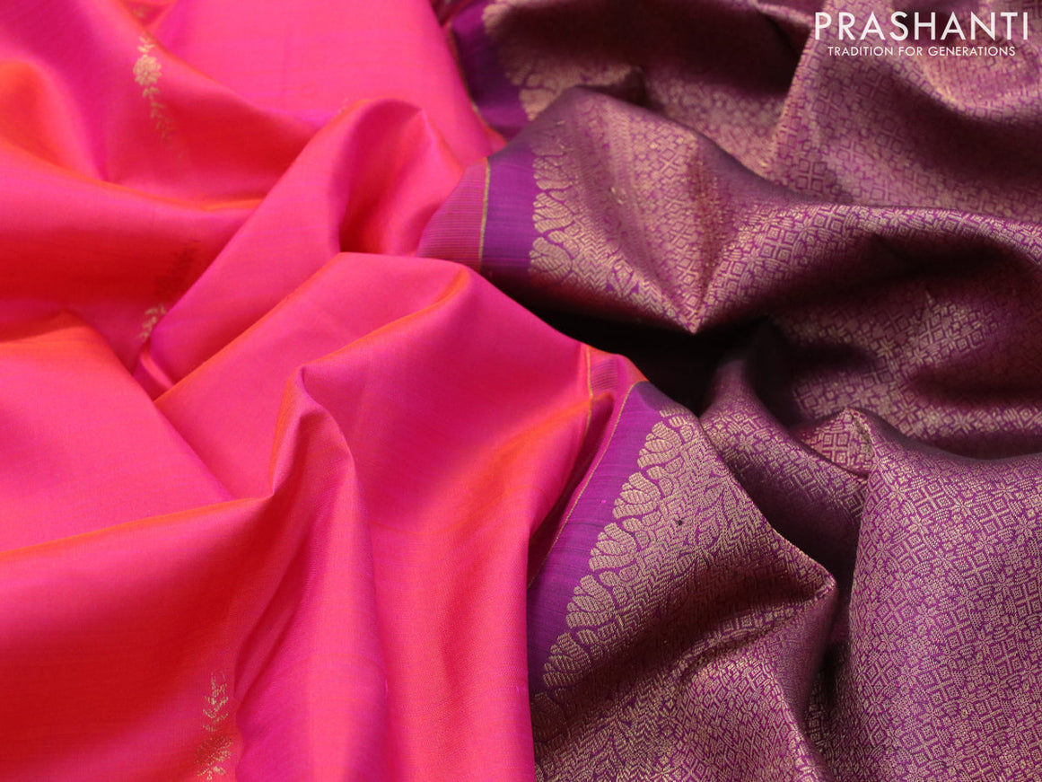 Pure kanjivaram silk saree dual shade of pinkish orange and magenta pink with zari woven floral buttas and rettapet zari woven border & butta style