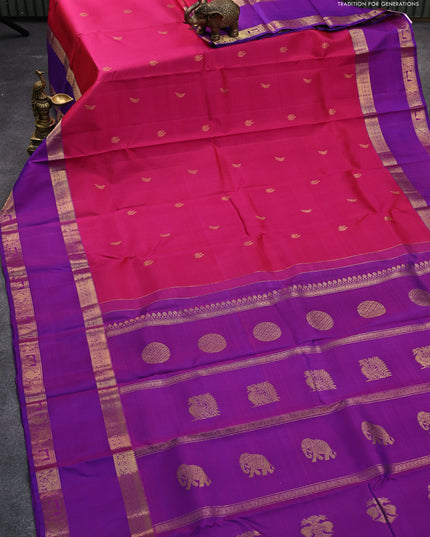 Pure kanjivaram silk saree pink and dual shade of purple with annam & peacock zari woven buttas and rettapet zari woven border & butta style