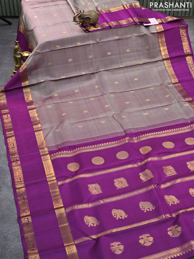 Pure kanjivaram silk saree dual shade of grey and purple with annam & peacock zari woven buttas and rettapet zari woven border & butta style