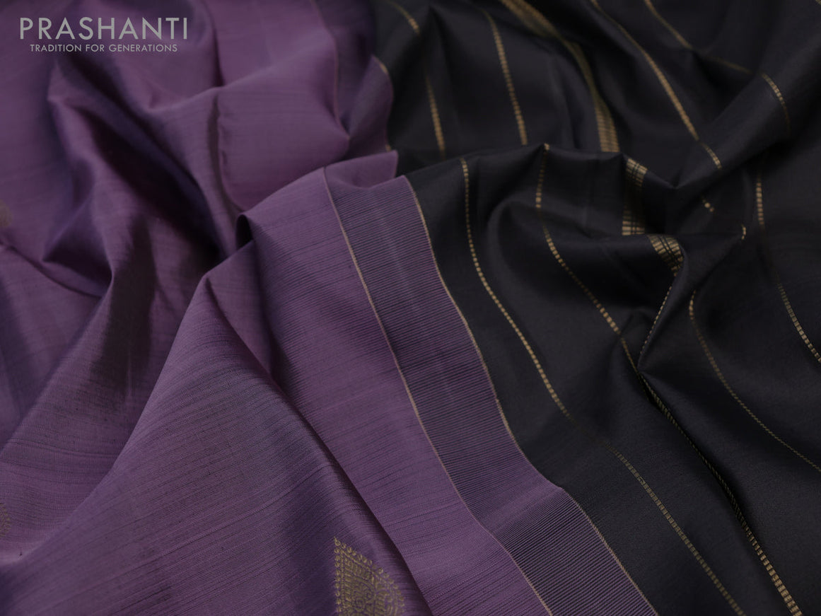 Pure kanjivaram silk saree deep jamun and black with zari woven buttas and zari woven border & butta style