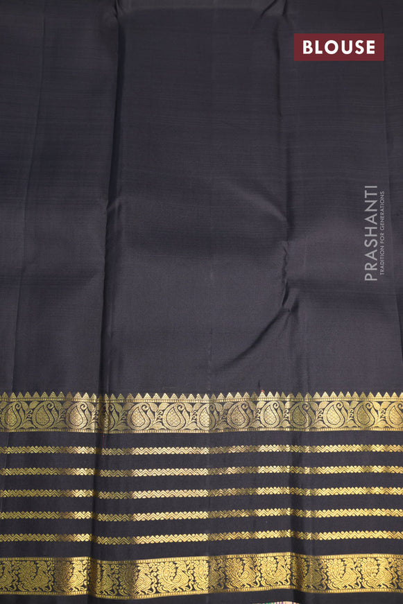 Pure kanjivaram silk saree deep jamun and black with zari woven buttas and zari woven border & butta style