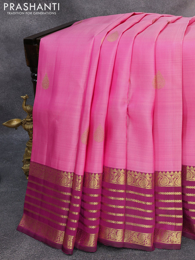 Pure kanjivaram silk saree pink and magenta pink with zari woven buttas and zari woven border & butta style