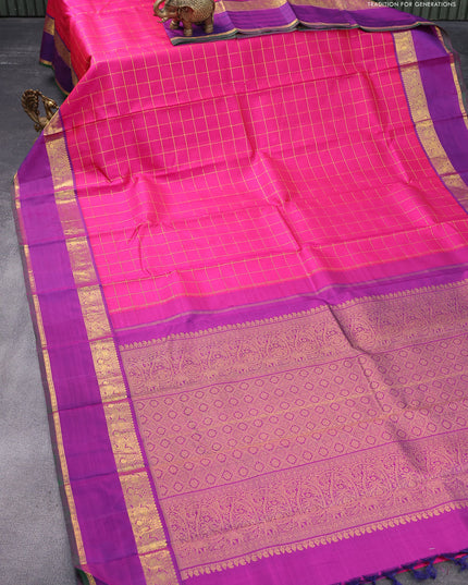 Pure kanjivaram silk saree pink and purple with allover zari checks pattern and annam rettapet zari woven border & checks