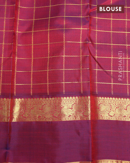 Pure kanjivaram silk saree red and dual shade of purple with allover zari checks pattern and annam rettapet zari woven border & checks