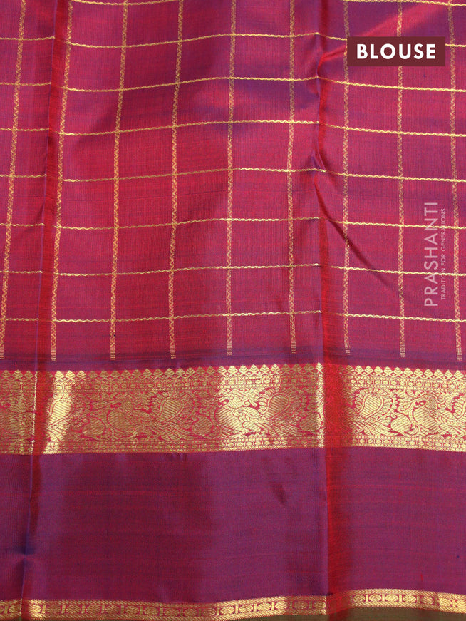 Pure kanjivaram silk saree red and dual shade of purple with allover zari checks pattern and annam rettapet zari woven border & checks