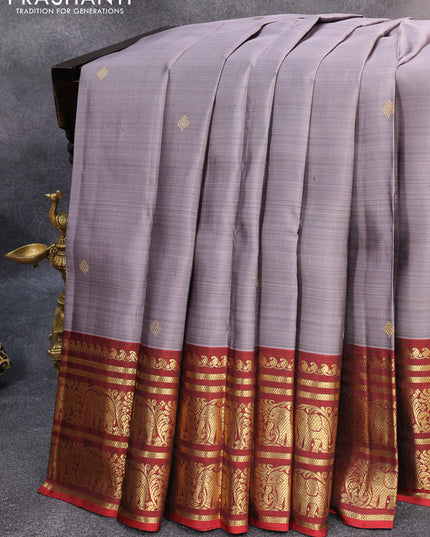 Pure kanjivaram silk saree grey shade and maroon with zari woven buttas and elephant zari woven border & butta style