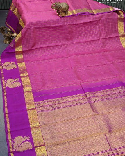 Pure kanjivaram silk saree purple shade and purple with allover zari checks pattern and zari woven annam butta border & checks