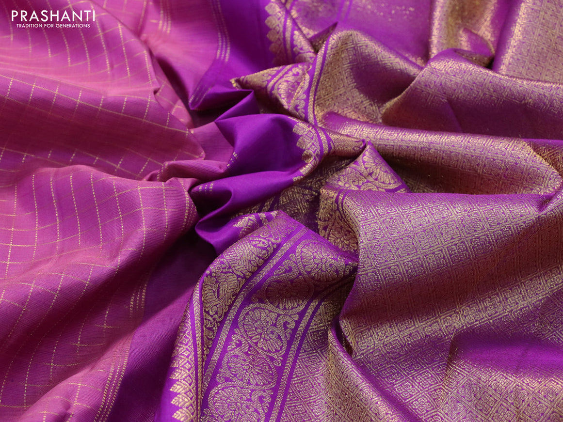 Pure kanjivaram silk saree purple shade and purple with allover zari checks pattern and zari woven annam butta border & checks