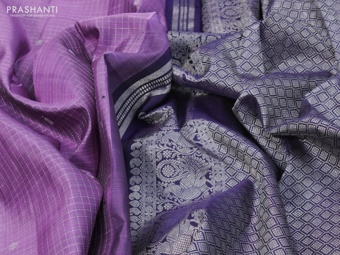 Pure kanjivaram silk saree purple shade and navy blue with allover silver checks pattern & buttas and rettapet silver zari woven border & checks