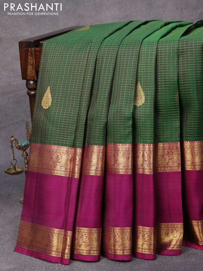 Pure kanjivaram silk saree green and magenta pink with allover zari checks pattern and annam rettapet zari woven border & checks