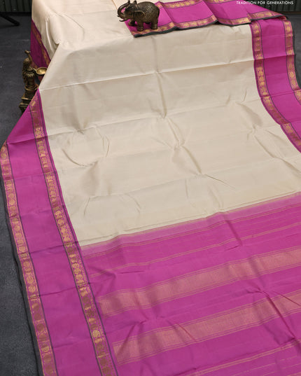 Pure kanjivaram silk saree cream and pink with plain body and rettapet zari woven border & plain body