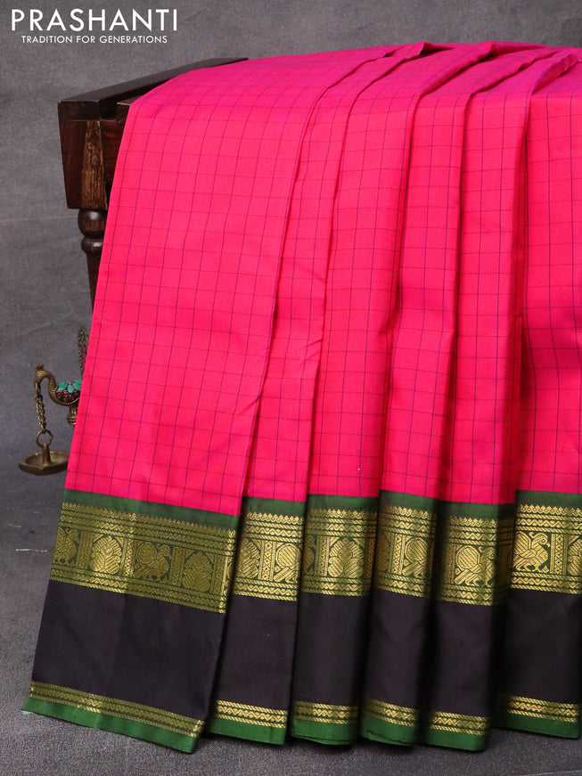 Pure kanjivaram silk saree dual shade of pink and deep jamun with allover checks pattern and rettapet zari woven annam border & checks