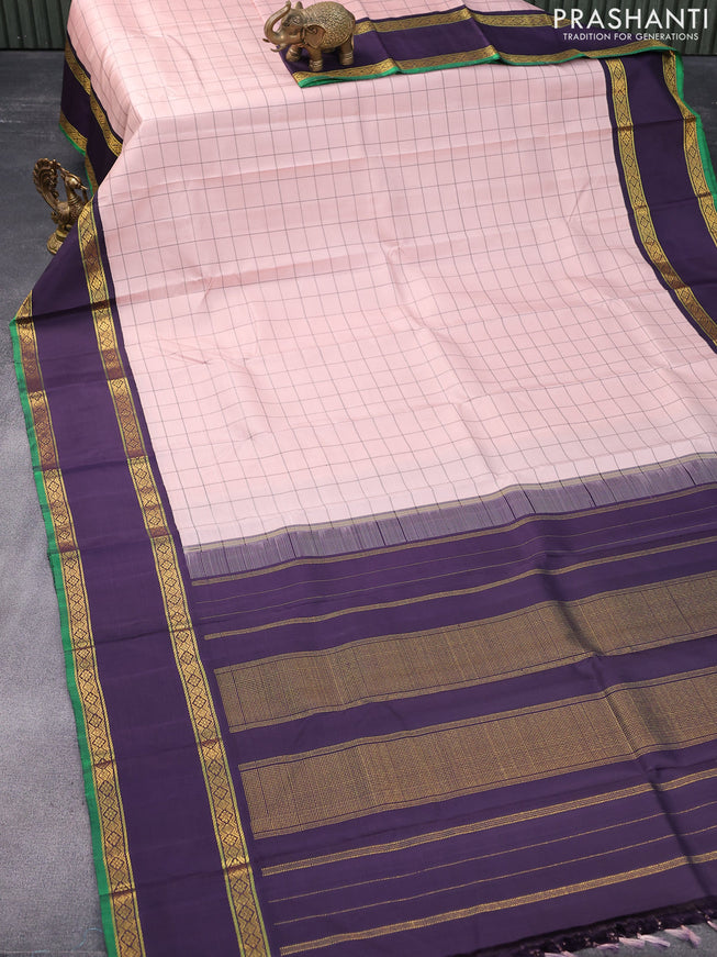 Pure kanjivaram silk saree peach shade and deep jamun with allover checks pattern and rettapet zari woven border & checks