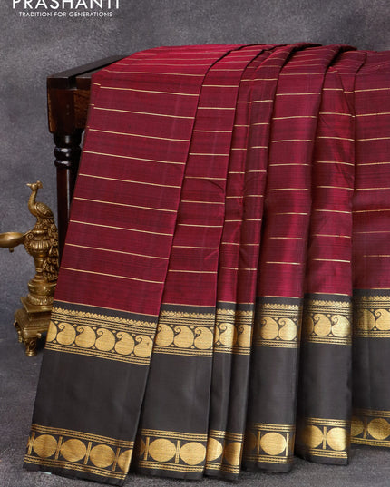 Pure kanjivaram silk saree maroon and black with allover zari stripes pattern and rettapet zari woven border & allover weaves