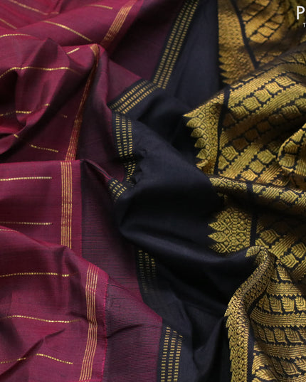 Pure kanjivaram silk saree maroon and black with allover zari stripes pattern and rettapet zari woven border & allover weaves