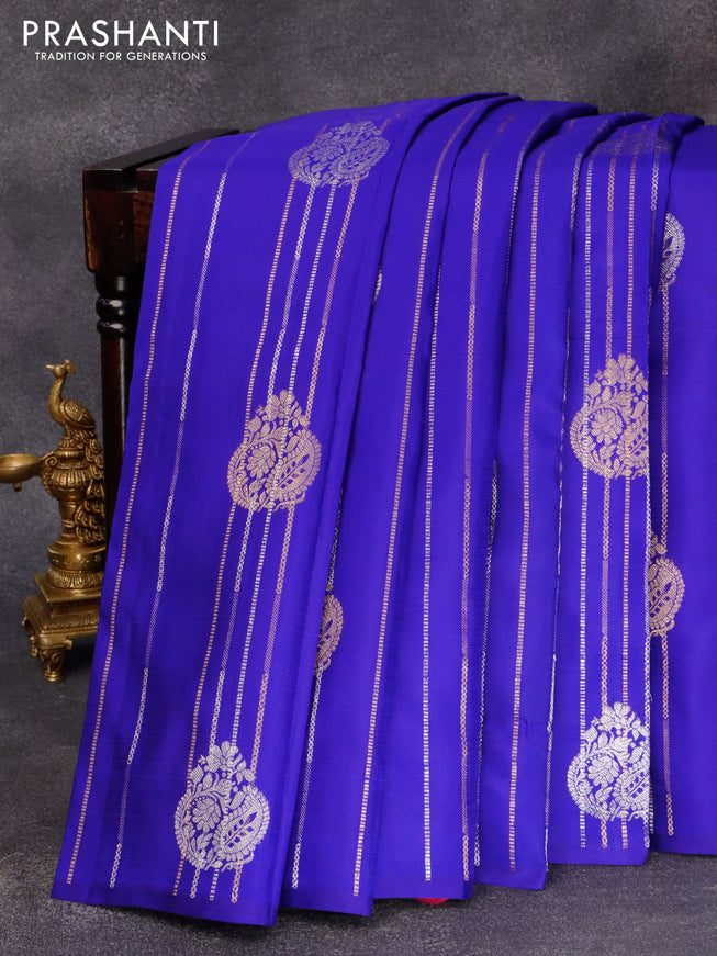 Pure kanjivaram silk saree blue and pink with allover silver & gold zari weaves in borderless style & borderless style