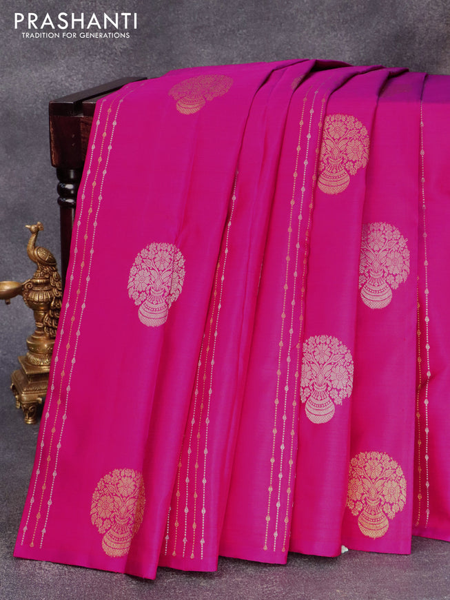 Pure kanjivaram silk saree pink and navy blue with allover silver & gold zari weaves in borderless style & borderless style