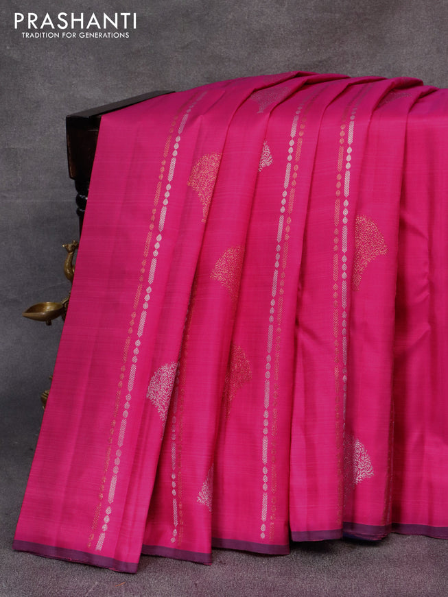 Pure kanjivaram silk saree pink and navy blue with allover zari weaves & copper zari buttas and piping border & borderless style