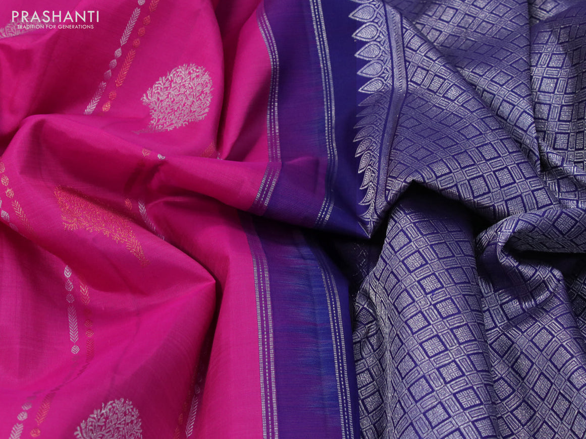 Pure kanjivaram silk saree pink and navy blue with allover zari weaves & copper zari buttas and piping border & borderless style