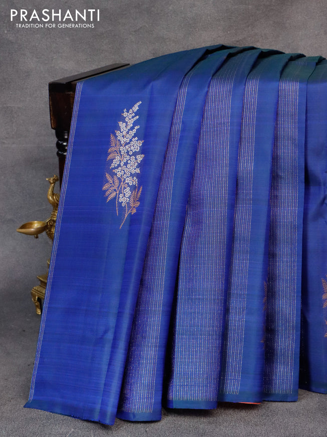 Pure kanjivaram silk saree blue and peach orange with allover zari weaves & buttas in borderless style & borderless style