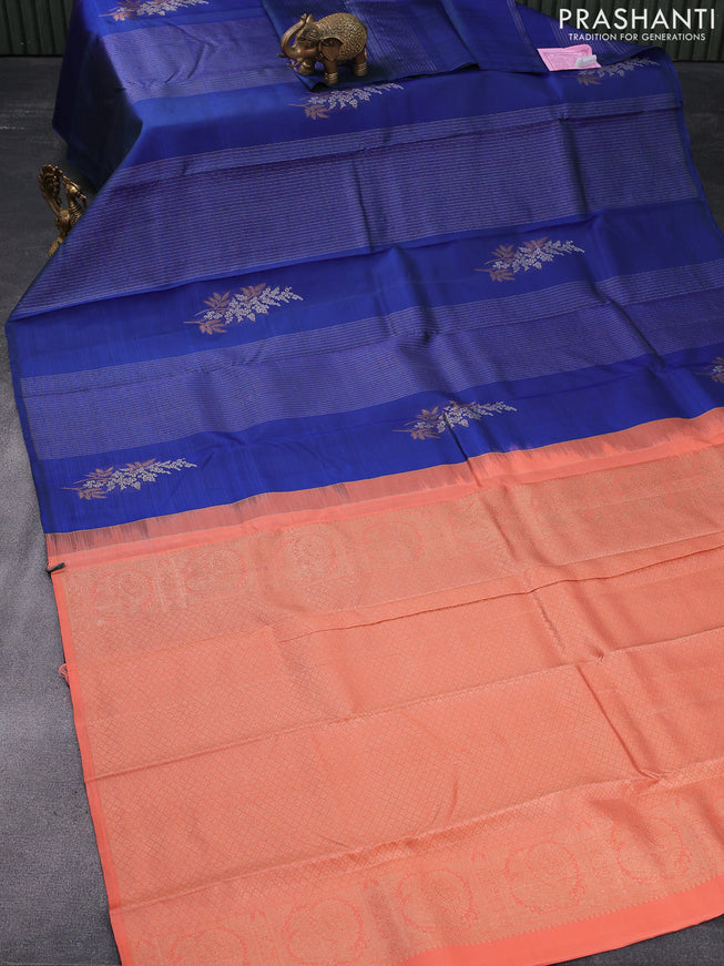 Pure kanjivaram silk saree blue and peach orange with allover zari weaves & buttas in borderless style & borderless style