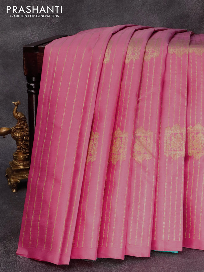 Pure kanjivaram silk saree light pink and teal green with allover zari weaves & buttas in borderless style & borderless style