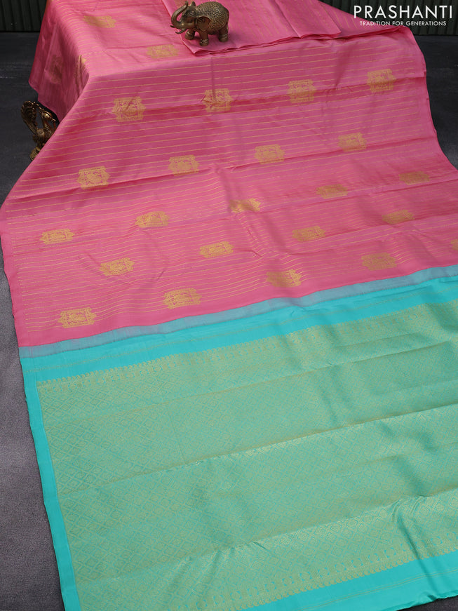 Pure kanjivaram silk saree light pink and teal green with allover zari weaves & buttas in borderless style & borderless style