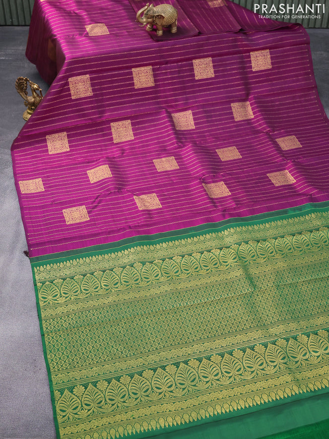 Pure kanjivaram silk saree dark magenta pink and green with allover zari weaves & box type buttas in borderless style & borderless style