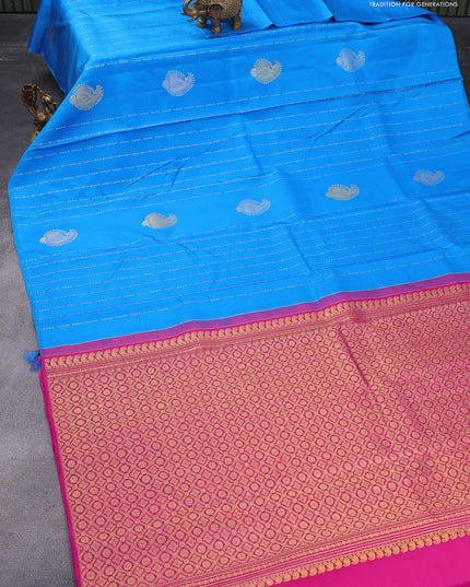 Pure kanjivaram silk saree cs blue and pink with allover zari weaves & buttas in borderless style & borderless style