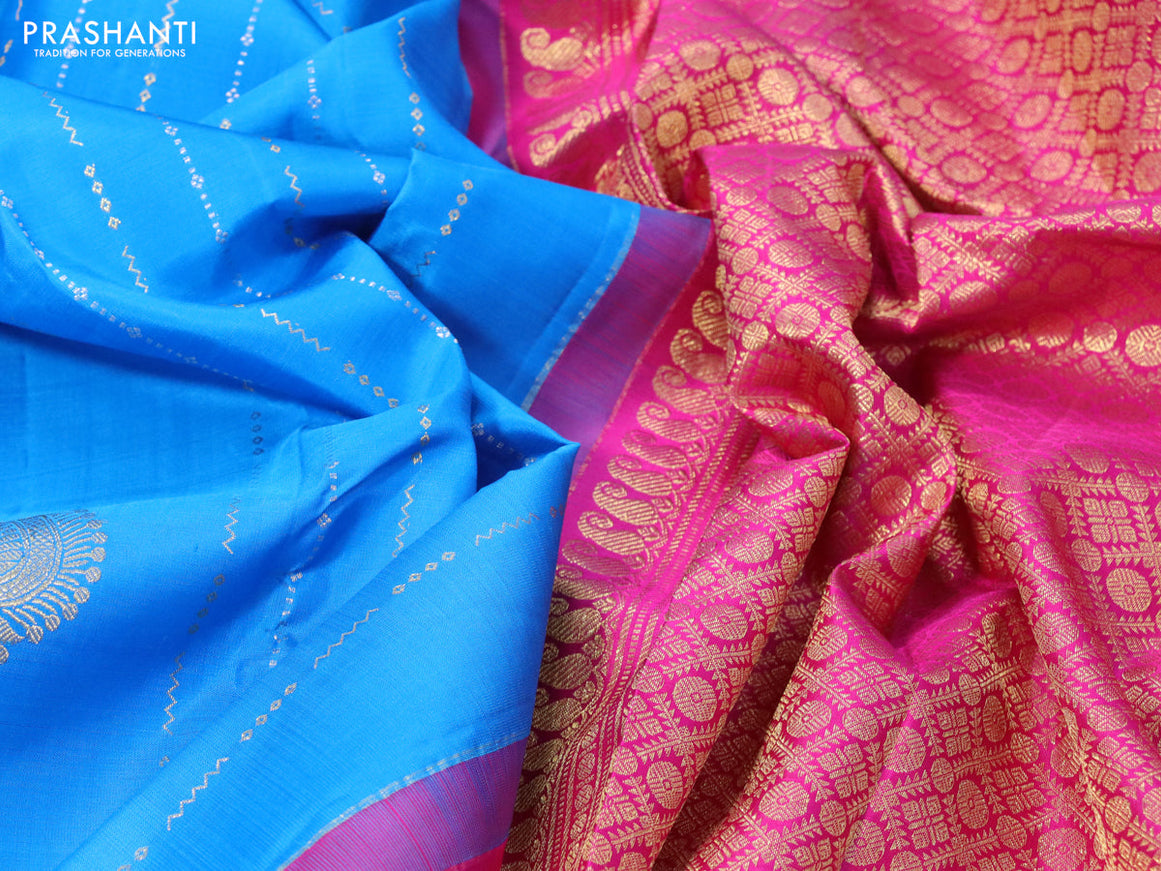 Pure kanjivaram silk saree cs blue and pink with allover zari weaves & buttas in borderless style & borderless style