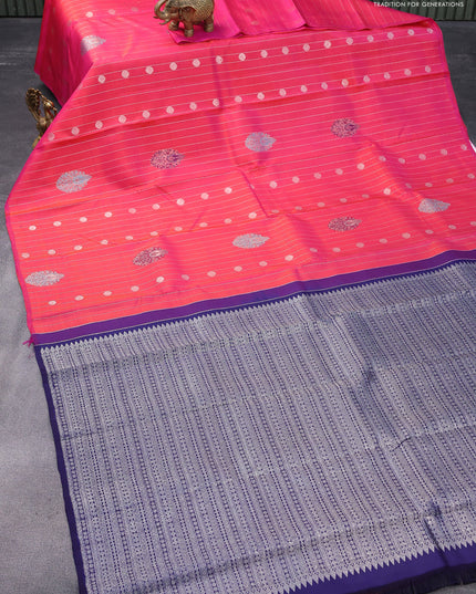 Pure kanjivaram silk saree dual shade of pinkish orange and navy blue with allover zari weaves & buttas in borderless style & borderless style