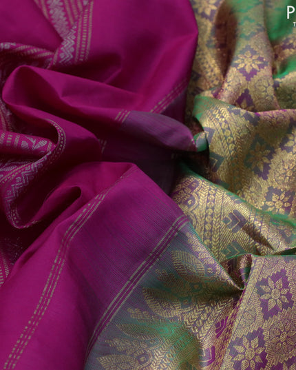Pure kanjivaram silk saree pink and green with allover silver & gold zari weaves in borderless style & borderless style
