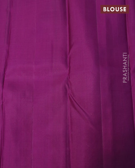 Pure kanjivaram silk saree teal blue and deep purple with silver zari woven buttas in borderless style & borderless style