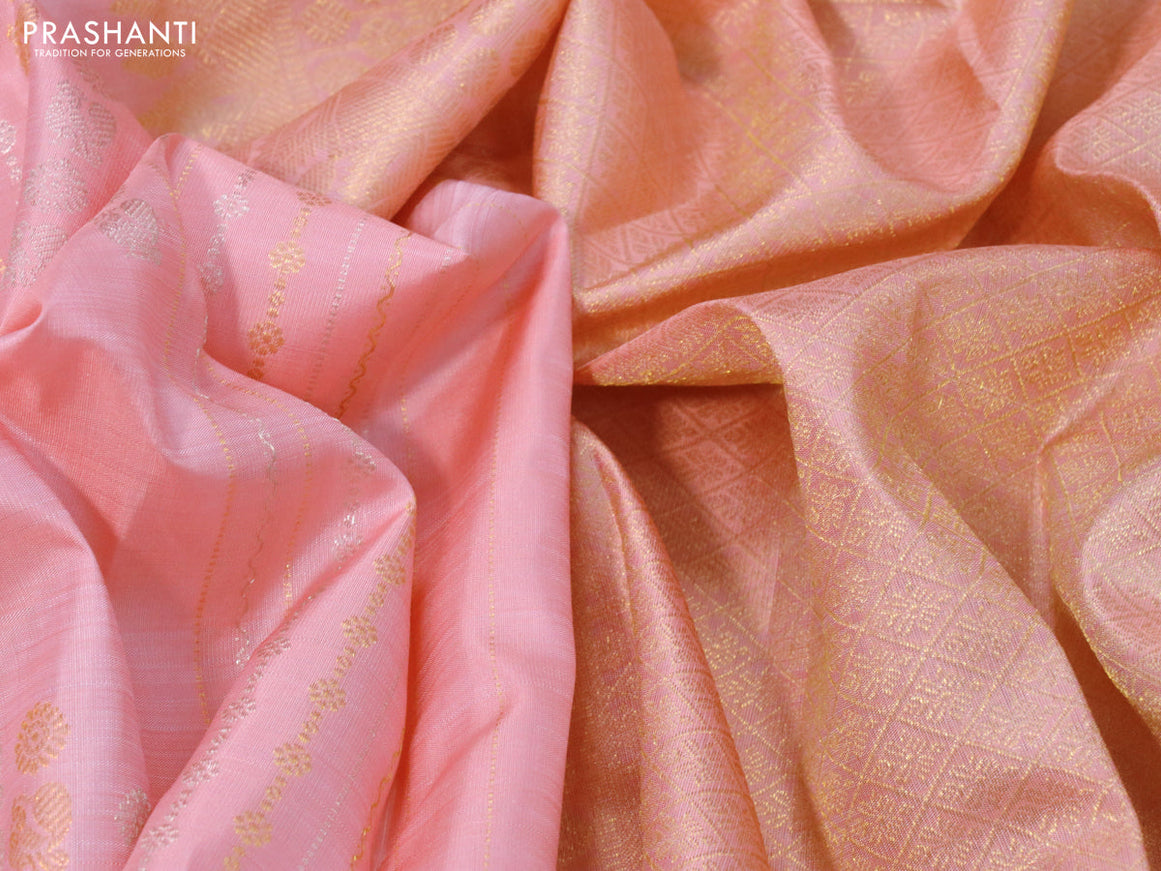 Pure kanjivaram silk saree peach pink and pista green with allover silver & gold zari weaves in borderless style & borderless style