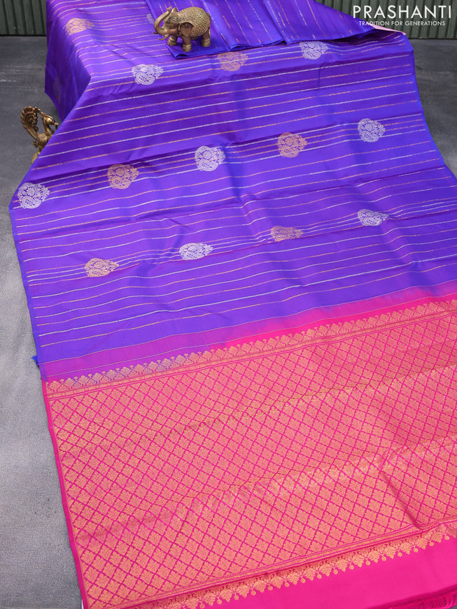 Pure kanjivaram silk saree blue and pink with allover silver & gold zari weaves in borderless style & borderless style