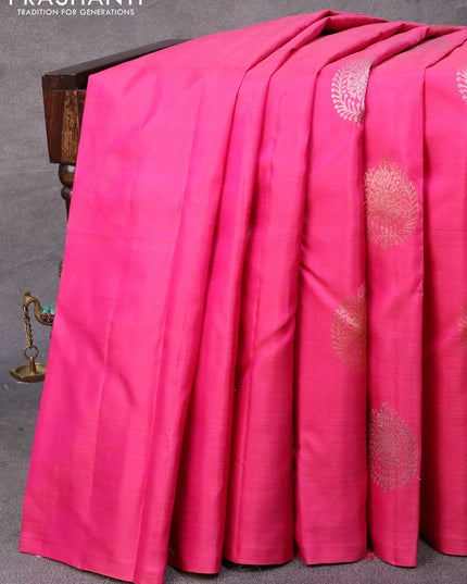 Pure kanjivaram silk saree pink and blue with allover silver & gold zari weaves in borderless style & borderless style