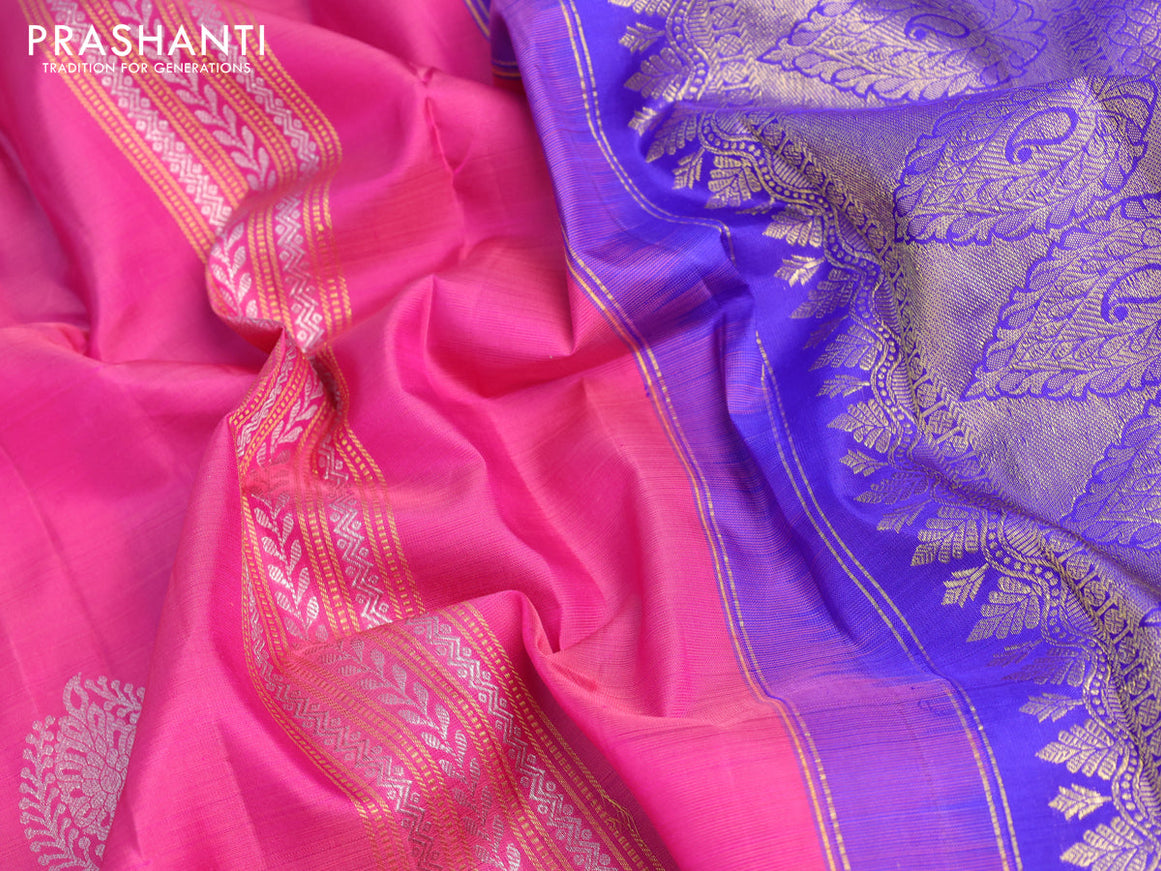 Pure kanjivaram silk saree pink and blue with allover silver & gold zari weaves in borderless style & borderless style