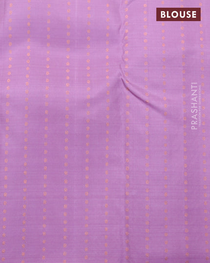 Pure kanjivaram silk saree pastel grey and mild purple with copper & silver zari woven bird buttas in borderless style & borderless style