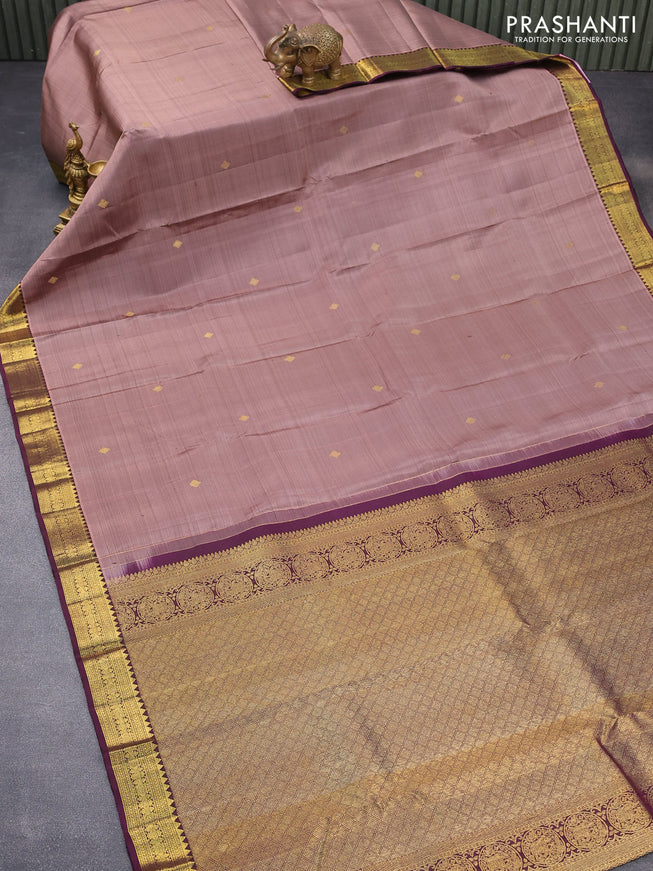 Pure kanjivaram silk saree pastel brown and wine shade with zari woven buttas and zari woven korvai border & butta style