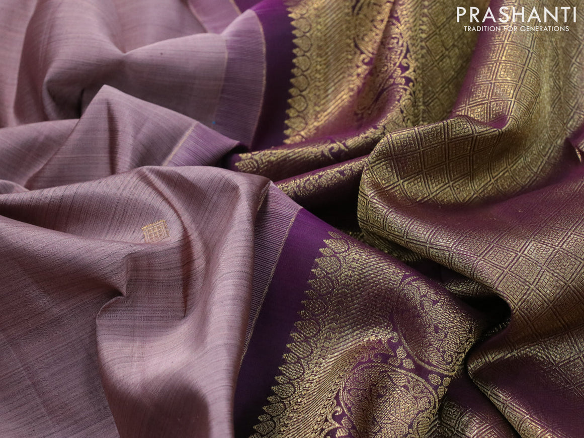 Pure kanjivaram silk saree pastel brown and wine shade with zari woven buttas and zari woven korvai border & butta style