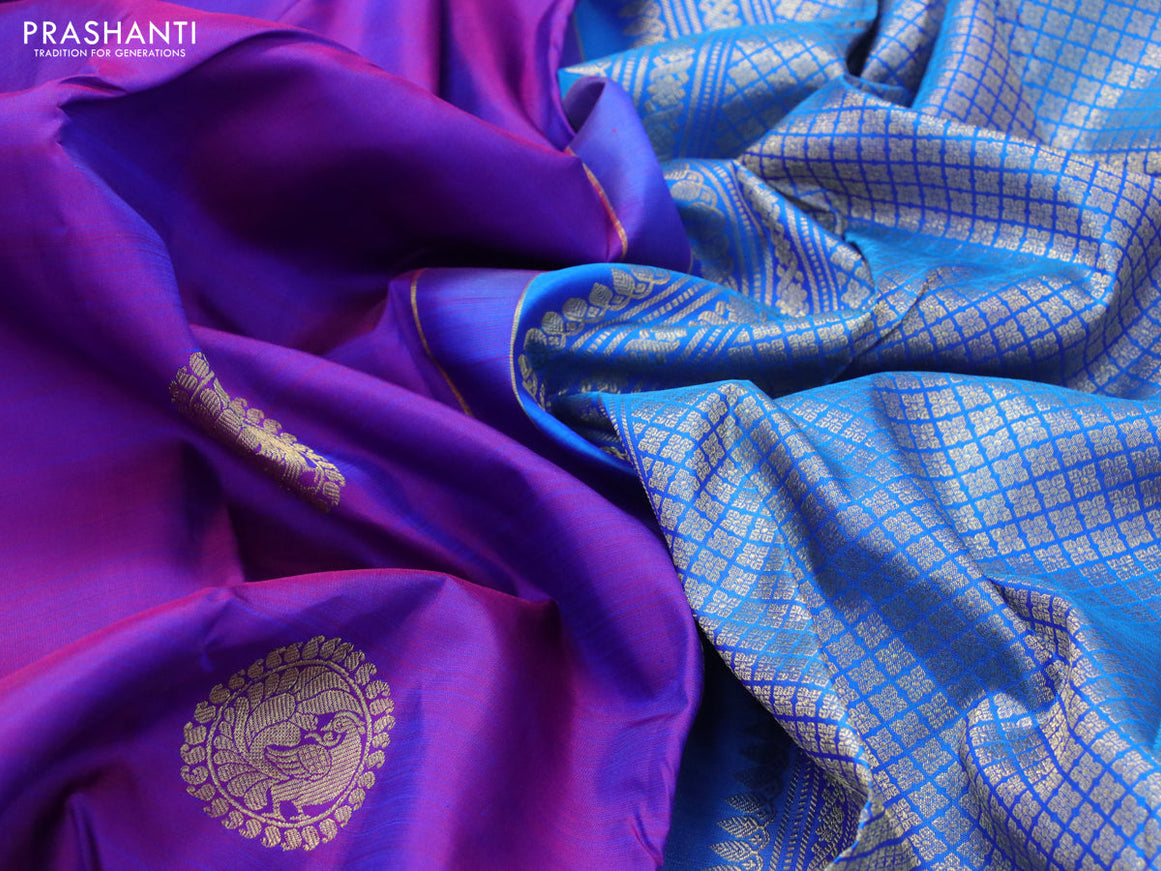 Pure kanjivaram silk saree dual shade of purple and cs blue with annam zari woven buttas and annam zari woven border & butta style