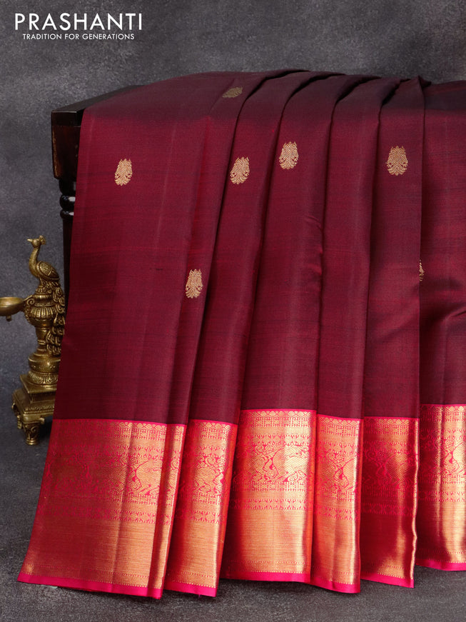 Pure kanjivaram silk saree deep maroon and pink with zari woven buttas and zari woven border & butta style