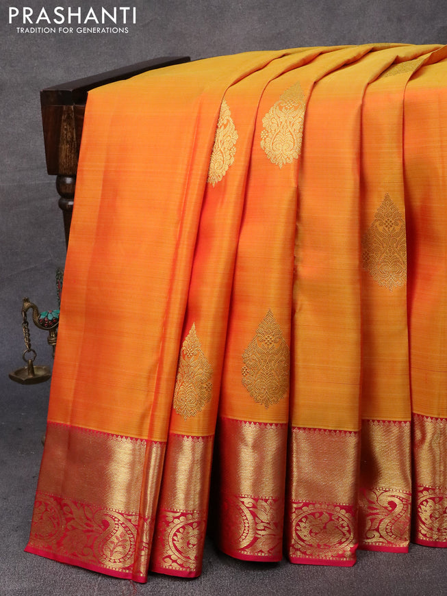 Pure kanjivaram silk saree mustard yellow and pink with zari woven buttas and zari woven border & butta style