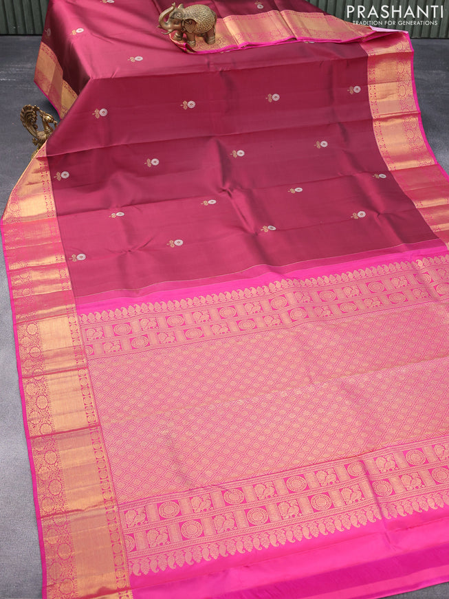 Pure kanjivaram silk saree maroon and pink with silver & gold zari woven buttas and zari woven border & butta style