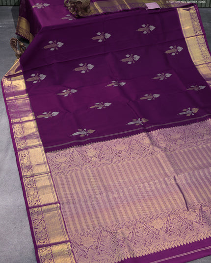 Pure kanjivaram silk saree deep purple and light blue with silver & gold zari woven buttas and zari woven border & butta style