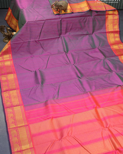 Pure kanjivaram silk saree dual shade of greenish purple and dual shade of pink with allover zari checked pattern and paisley zari woven border & checks