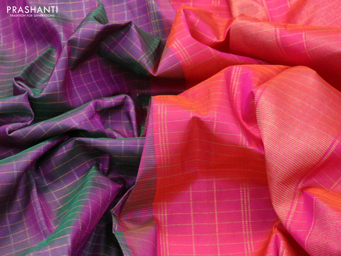 Pure kanjivaram silk saree dual shade of greenish purple and dual shade of pink with allover zari checked pattern and paisley zari woven border & checks