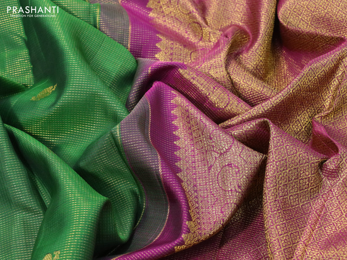 Pure kanjivaram silk saree green and magenta pink with allover zari weaves & annam buttas and annam zari woven border & allover weaves